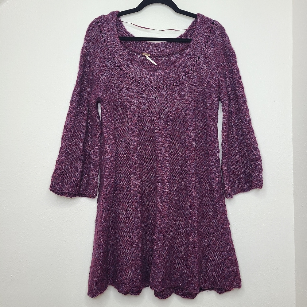 Free People Long Sleeve Knit Dress Sweater Scoop Neck Purple Chunky Size Medium